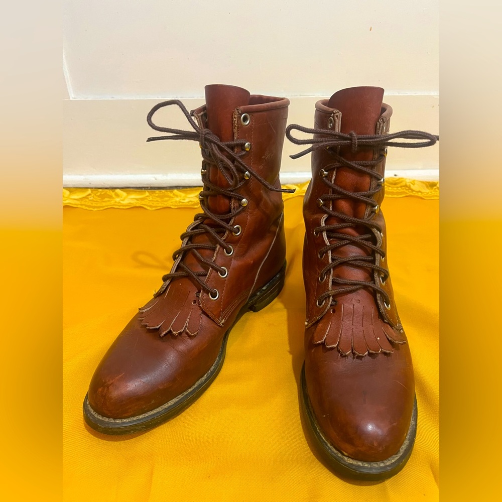 Vintage  Brown Leather Roper Combat Boots Justin Diamond J Fringe Tassle 6.5